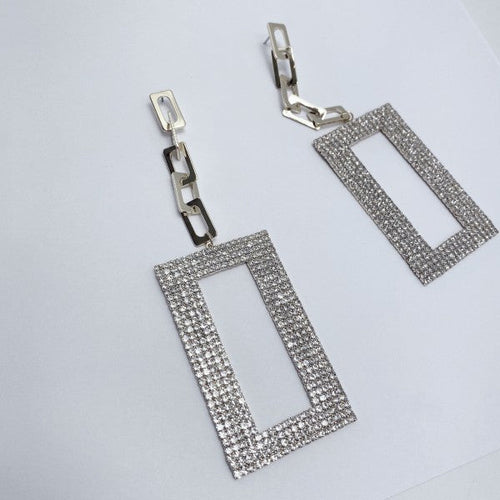 Drop Dangle Long Rhinestone Rectangle Earrings