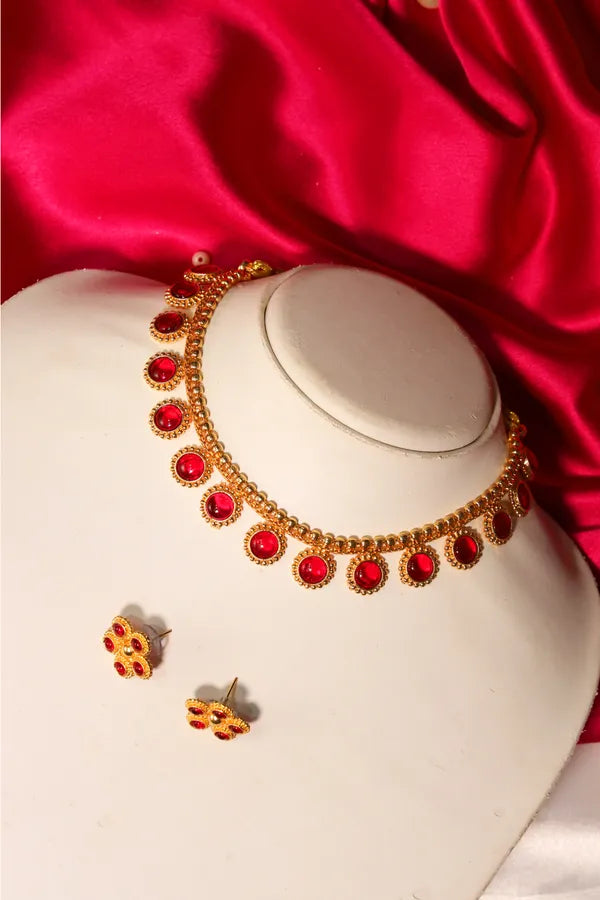 Red Premium Stylish Gold Plated Jewellery Set With Earring