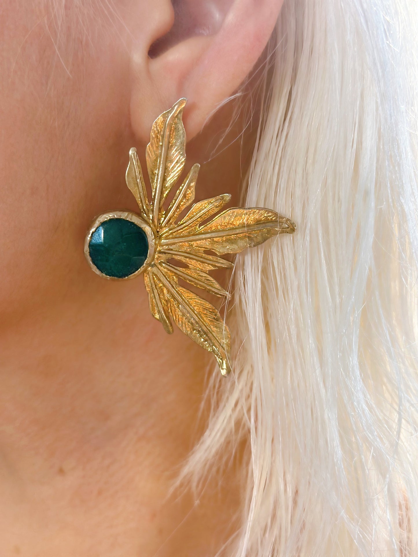Turkish Vintage Leaf Green Quartz Gold Plated Earrings