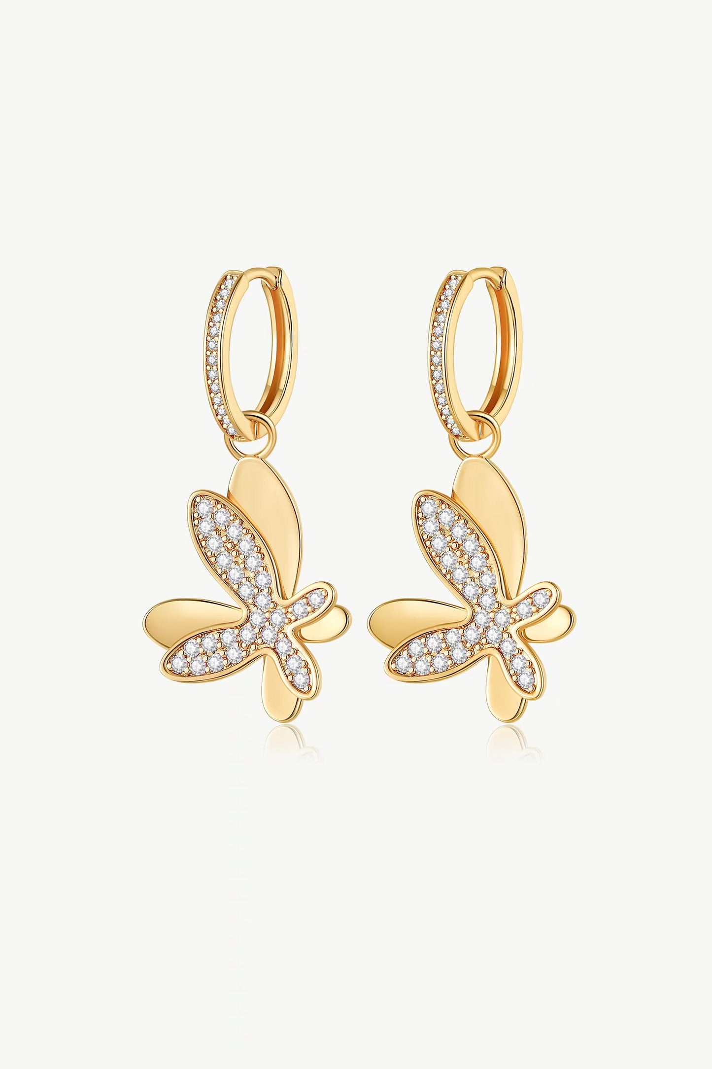 Gold Pavé Diamond Butterfly Dangle Drop Hoop Earrings