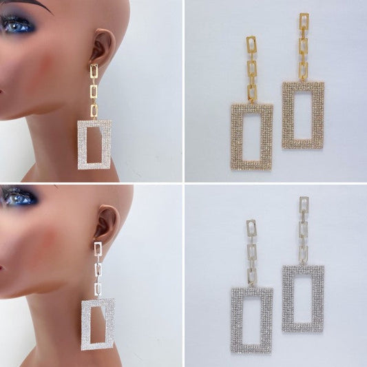 Drop Dangle Long Rhinestone Rectangle Earrings
