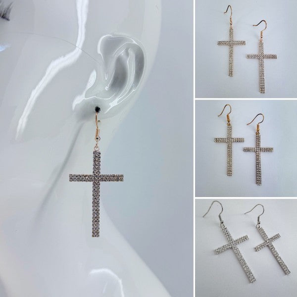 Rhinestone Drop Dangle Cross Earrings