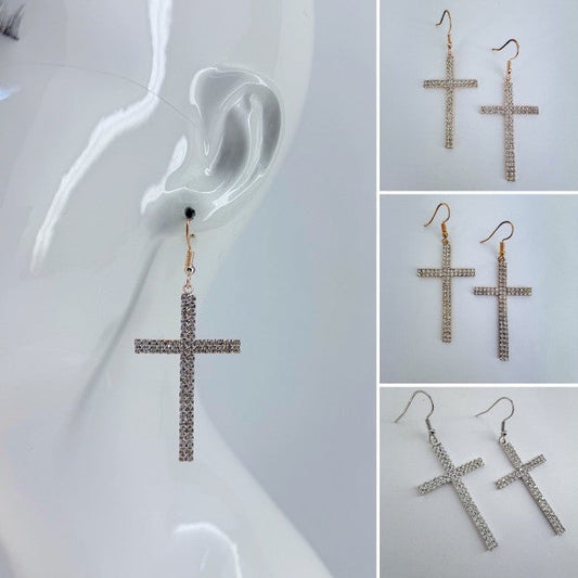 Rhinestone Drop Dangle Cross Earrings