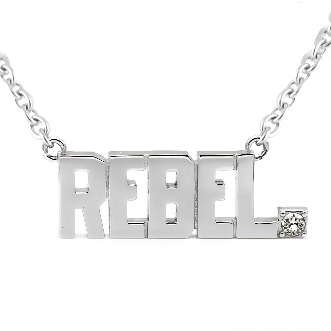 REBEL Pendant Block Letter Necklace with crystal
