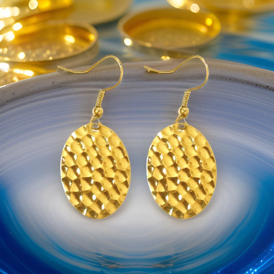 Hammered Small Flat Oval Dangle Earrings