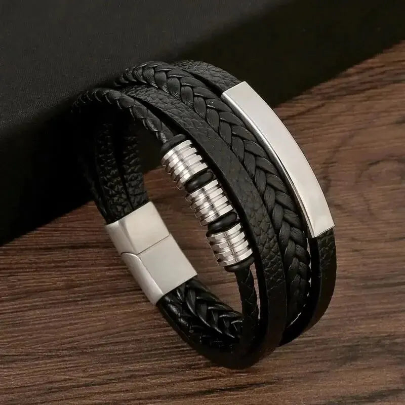 Multi Layers PU Leather Mens Magnut Closure Bracelet Waved Leather