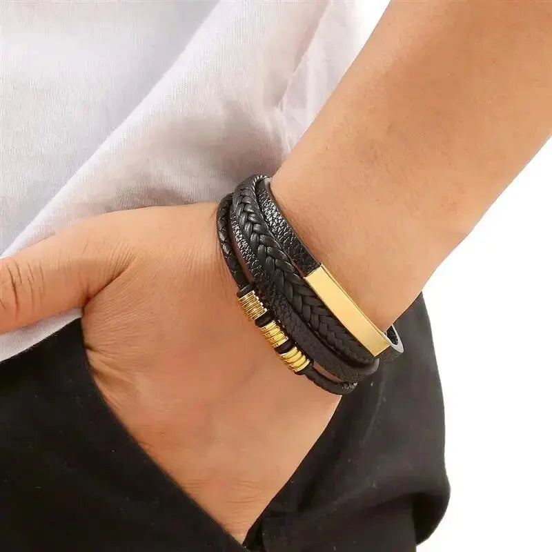 Multi Layers PU Leather Mens Magnut Closure Bracelet Waved Leather