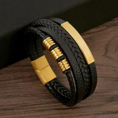 Multi Layers PU Leather Mens Magnut Closure Bracelet Waved Leather