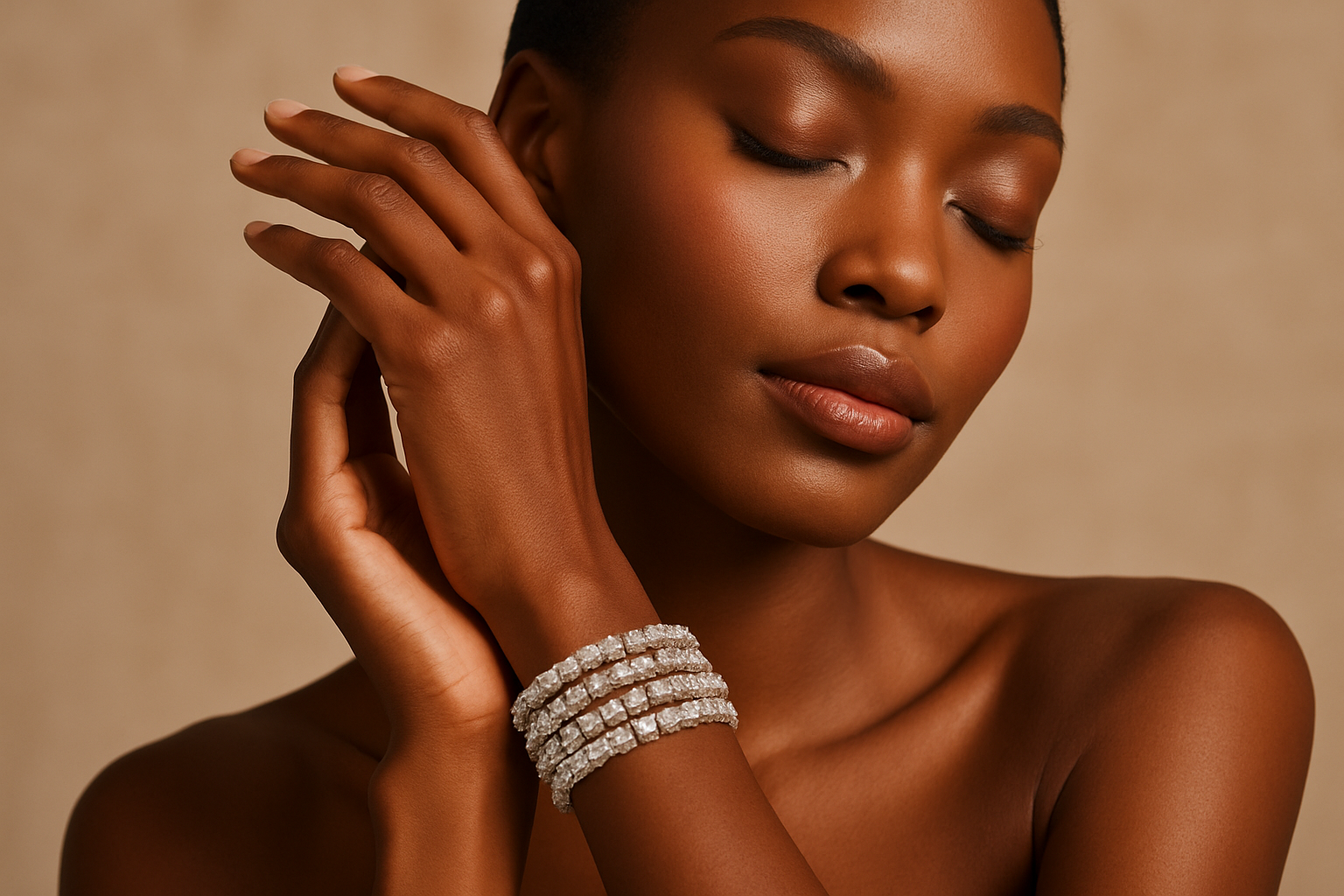 african american model showcasing stacking cz tennis bracelets