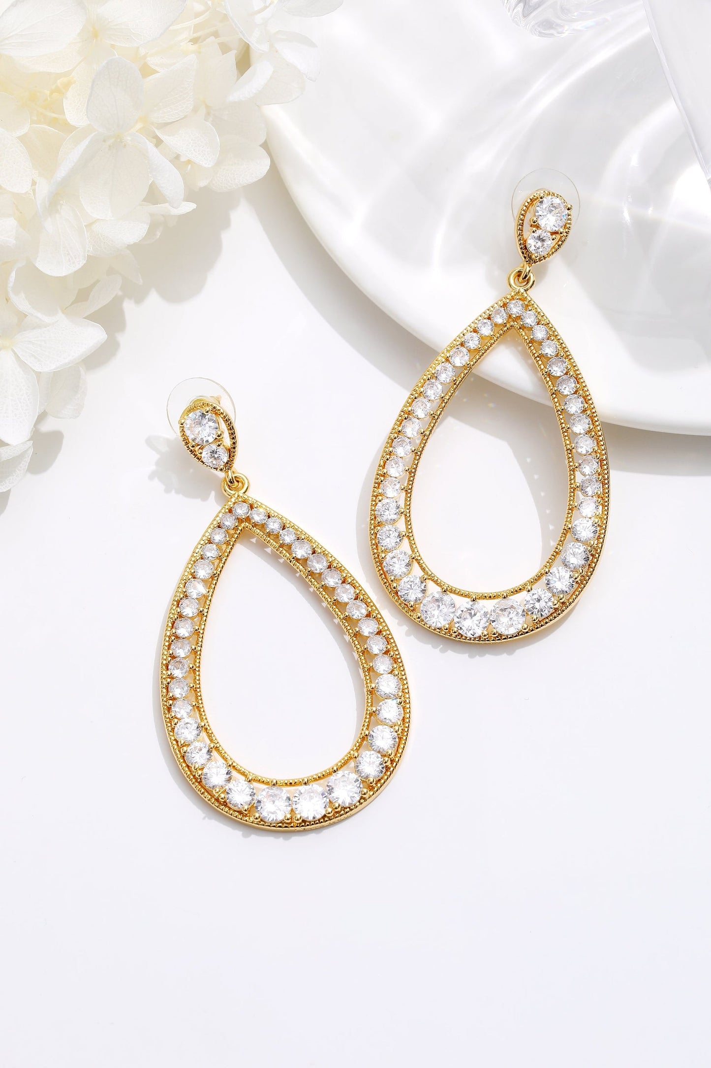 Gold Artisanal Pavé Hollow Teardrop Earrings