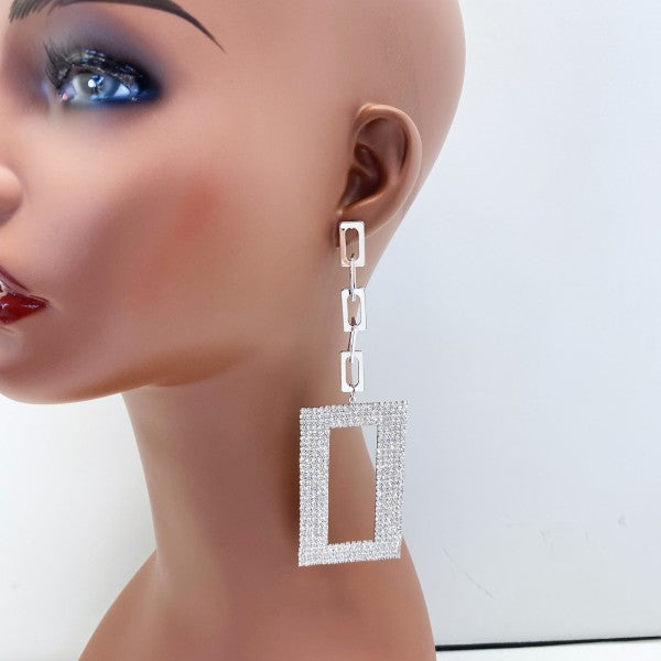 Drop Dangle Long Rhinestone Rectangle Earrings