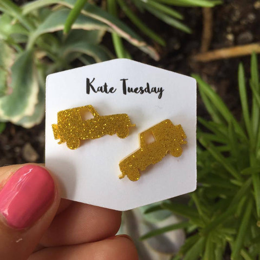 Gold Sparkly Jeep Stud Acrylic Earrings