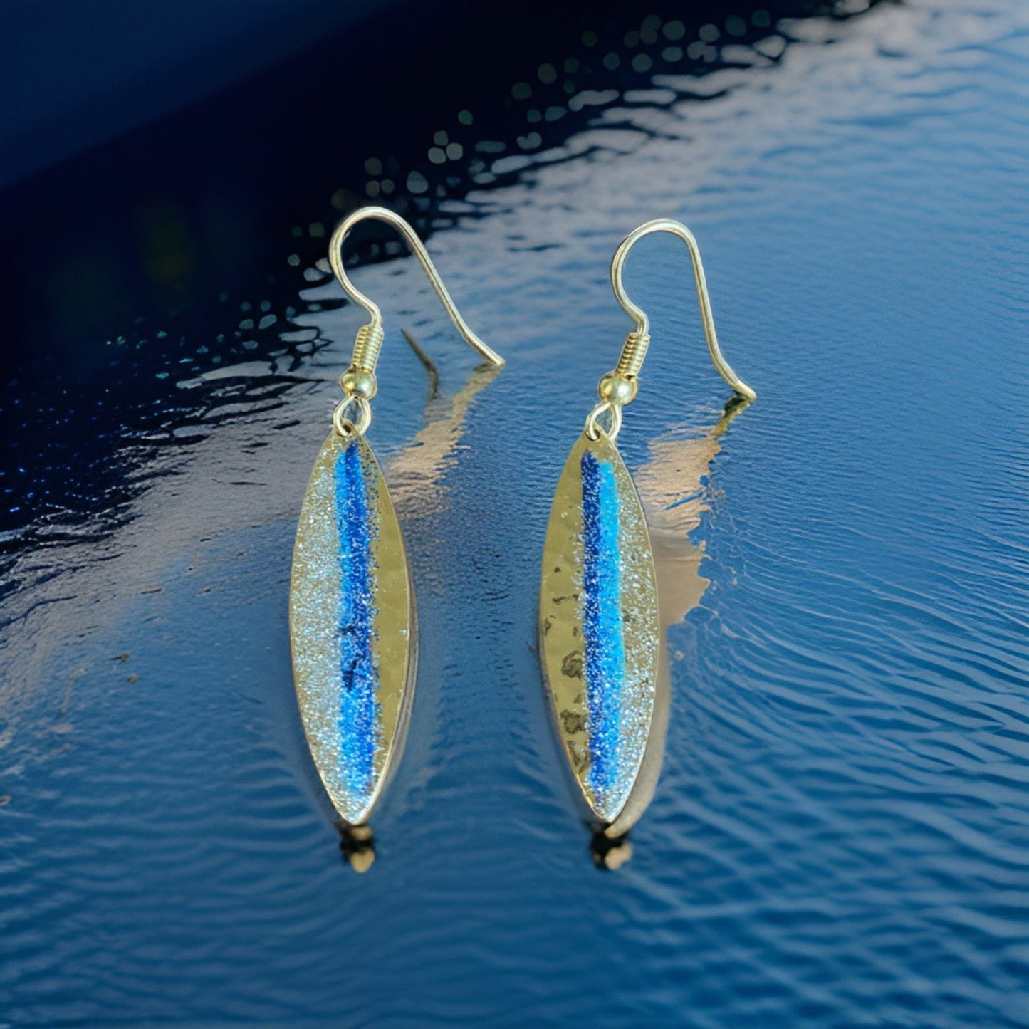 Art Deco Hand Painted Blue Mini Navette Earrings